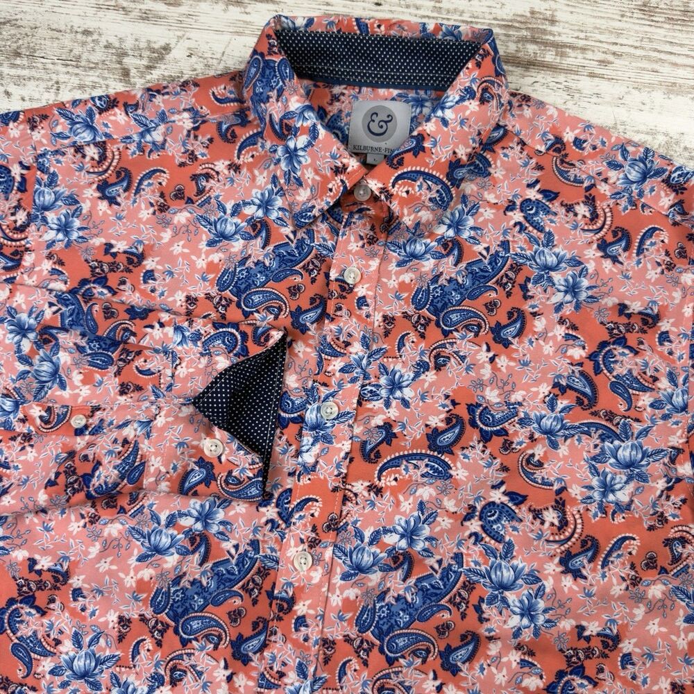 Kilburne & Finch Men's L Paisley Flip Cuff Shirt Coral Blue Button Up Polyester